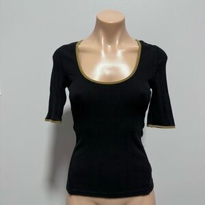 We The Free Black Ribbed Fitted Shirt Olive Green Trim Small